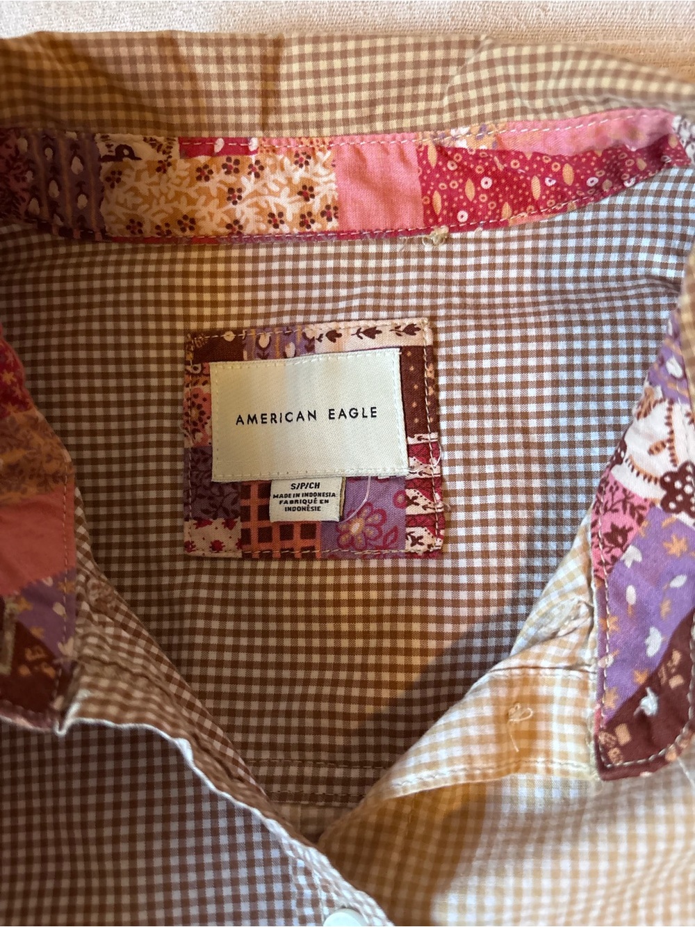 American Eagle Outfitters Brown & Cream Patchwork Button-Down Shirt - Picture 3 of 3